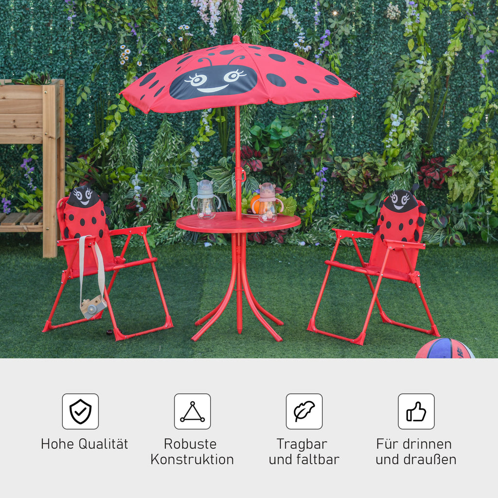 Outsunny 4tlg. Kindersitzgruppe Garten Gartentisch 2 Klappstühle Sonnenschirm Camping Kindersitzgarnitur Gartenmöbel für 3-5 Jahre Rot