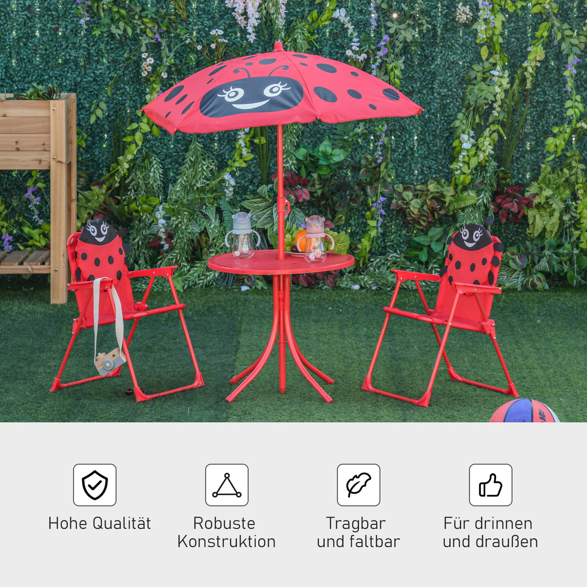 Outsunny 4tlg. Kindersitzgruppe Garten Gartentisch 2 Klappstühle Sonnenschirm Camping Kindersitzgarnitur Gartenmöbel für 3-5 Jahre Rot