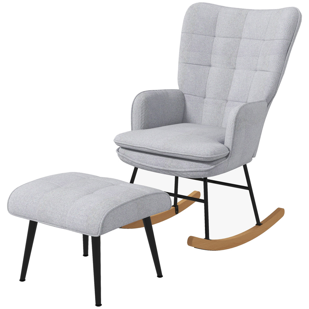 HOMCOM Schaukelstuhl mit Ottomane Skandidesign Schaukelstuhl mit Fußhocker, Buchenholz, Steppung, 64 cm x 89 cm x 90 cm Grau