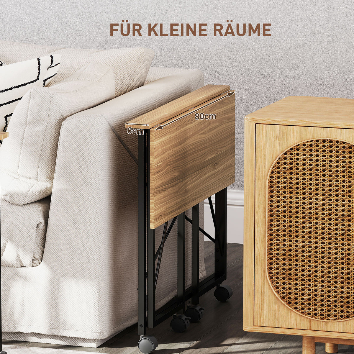 HOMCOM Klappbarer Schreibtisch mit Rädern, platzsparend, Stahl, MDF, Eiche