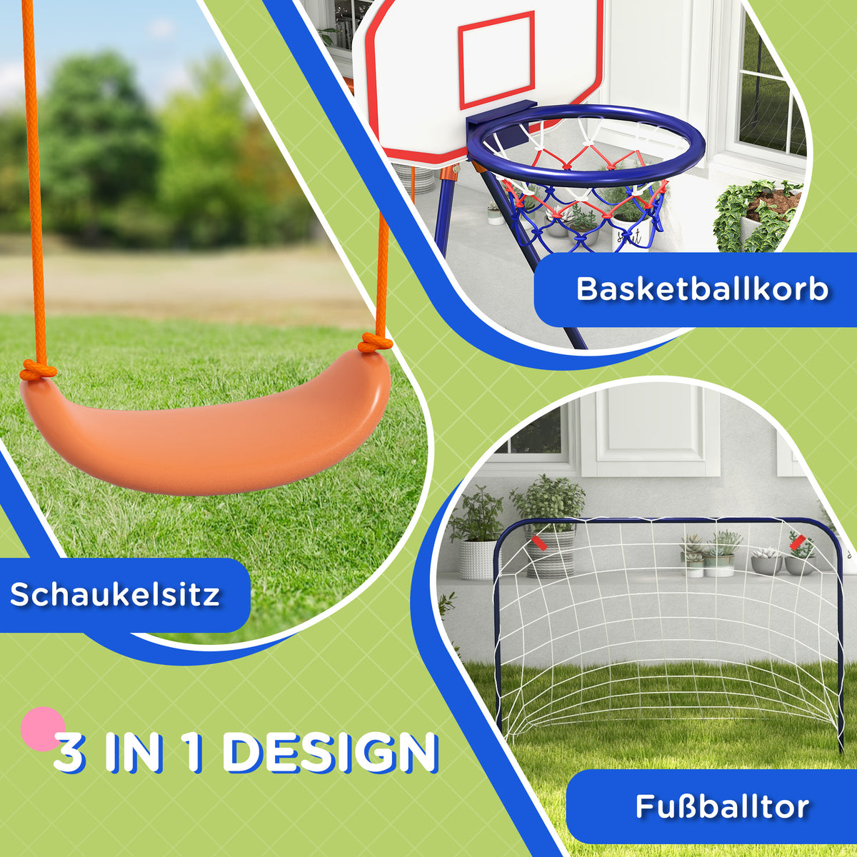 Outsunny Kinderschaukel-Set, Fußballtor, Basketballkorb, für 3 bis 8 Jahre, Stahlgestell
