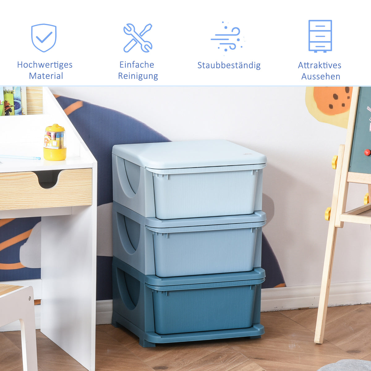 HOMCOM Aufbewahrungsboxen für Kinder, 3 Schubladen, abgerundete Kanten, erhöhtes Design, 37x37x56,5 cm, Blau