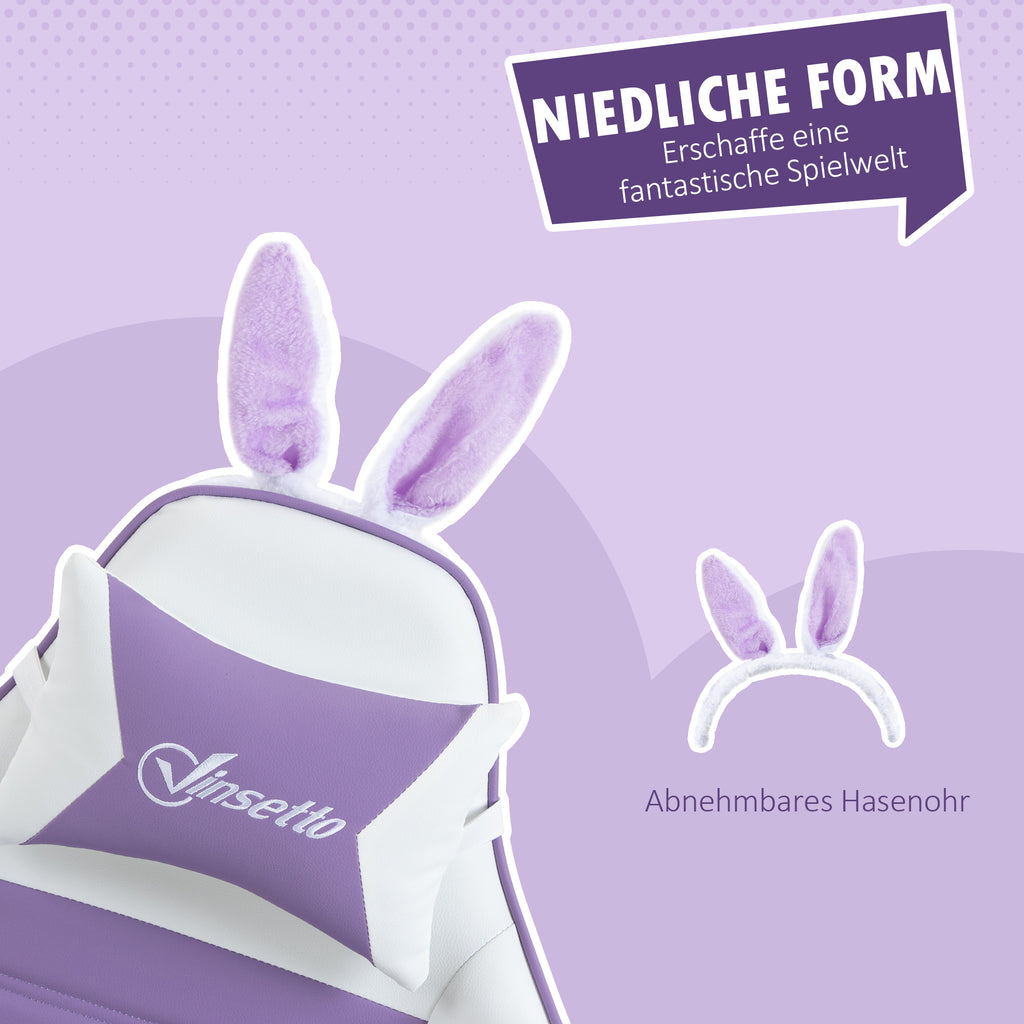 Vinsetto Gaming Stuhl Ergonomischer Gamer Stuhl mit Lendenwirbelstütze, Fußstütze Hasenohren Kopfkissen Violett