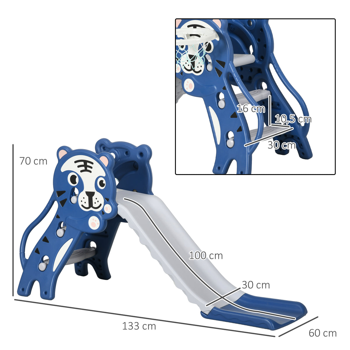 AIYAPLAY Kinder Rutsche, Innen Kinder Rutsche, mit Basketballkorb, Tiger Motiv, von 18 bis 36 Monaten, Blau