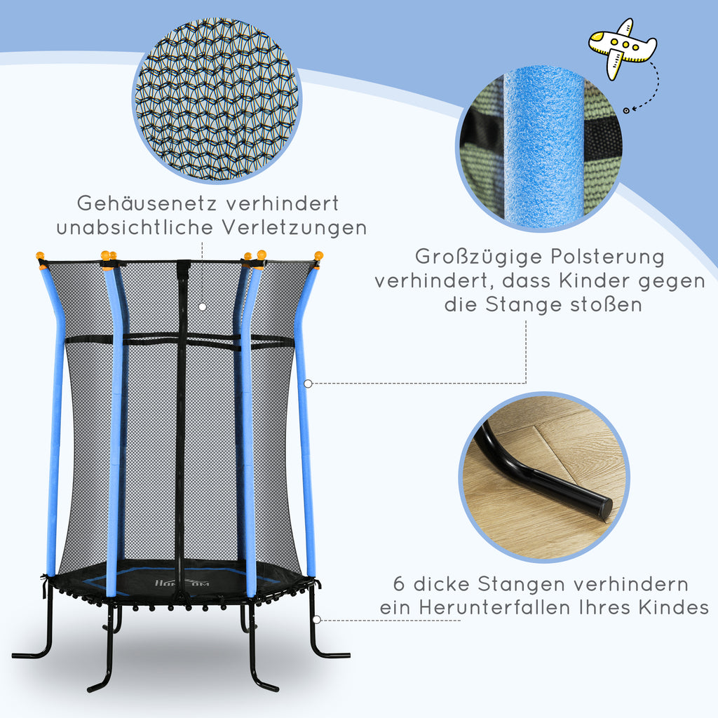 HOMCOM Trampolin für Kinder, Ø163,5 cm, mit Sicherheitsnetz, gepolstert, Stahl, belastbar bis 50 kg, Schwarz & Blau