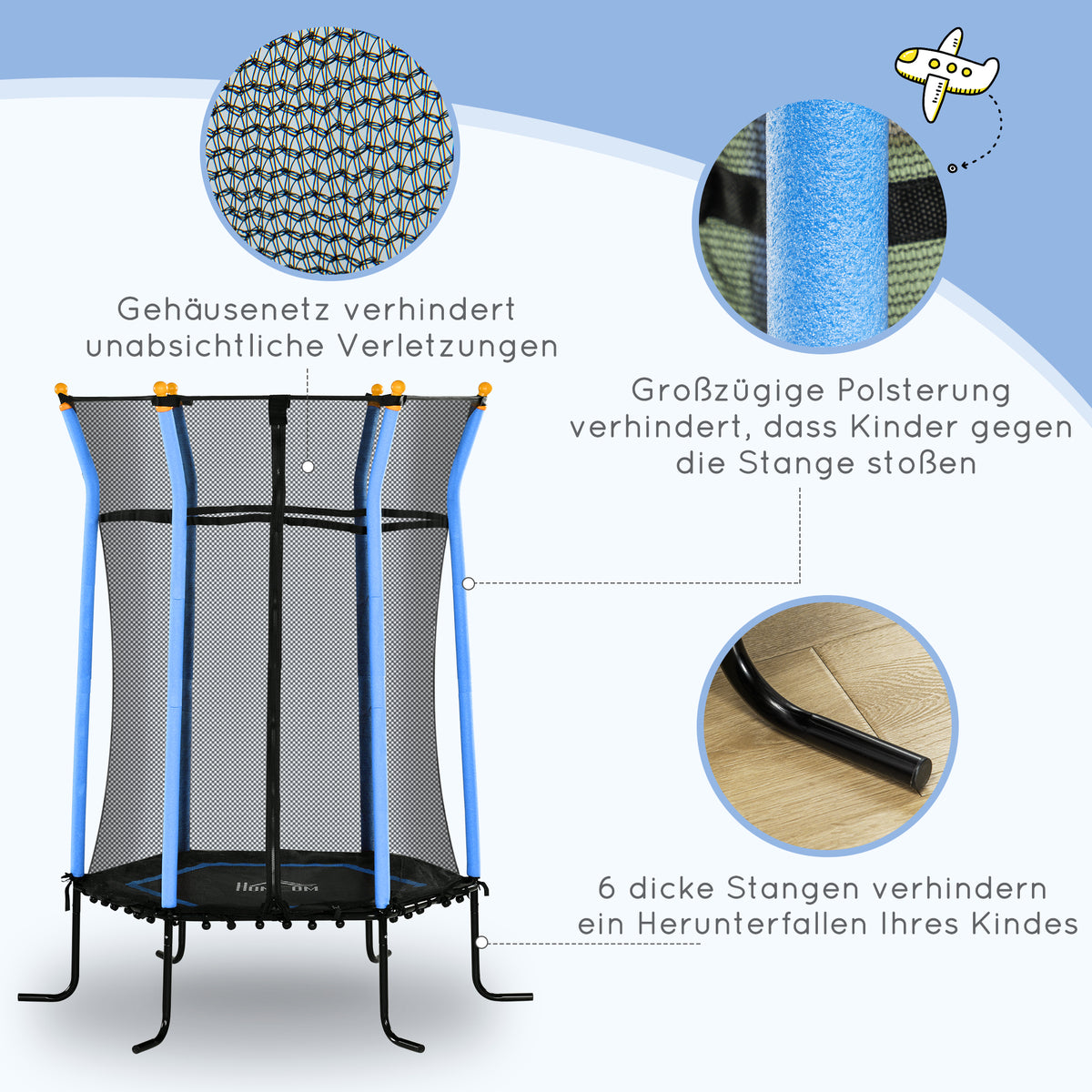 HOMCOM Trampolin für Kinder, Ø163,5 cm, mit Sicherheitsnetz, gepolstert, Stahl, belastbar bis 50 kg, Schwarz & Blau