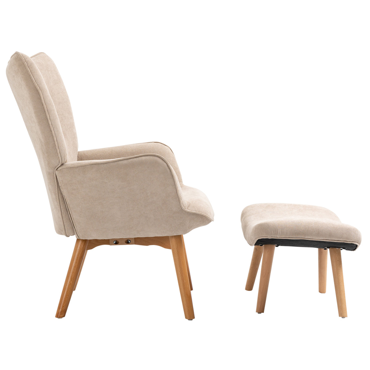 HOMCOM Akzentsessel mit Hocker, Relaxsessel in Cord-Optik, Armlehnstuhl mit Holzbeinen, für Wohnzimmer, Beige
