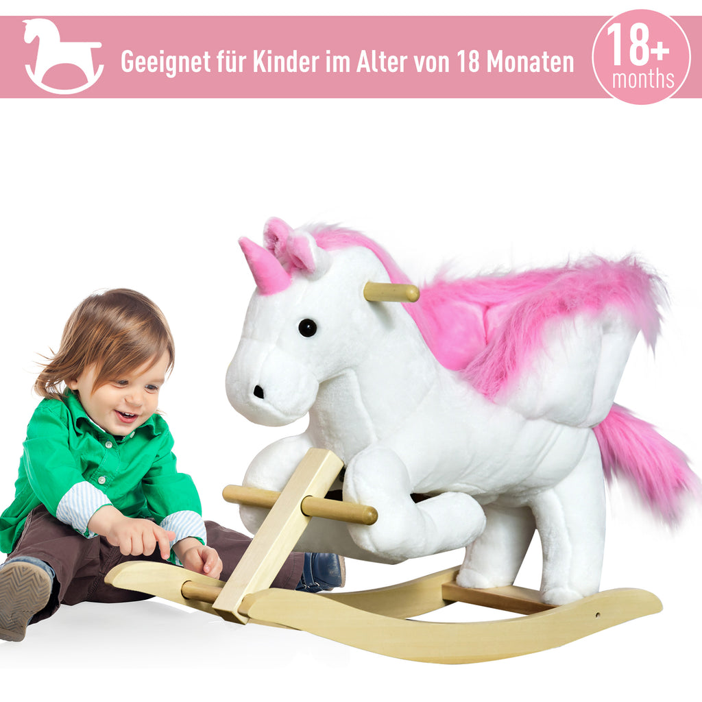 HOMCOM Schaukeltier Schaukeleinhorn mit Soundfunktion, Holzkufen und Griffen, Baby Schaukeltier mit Plüschoptik, für 1,5-3 Jahre Kinder