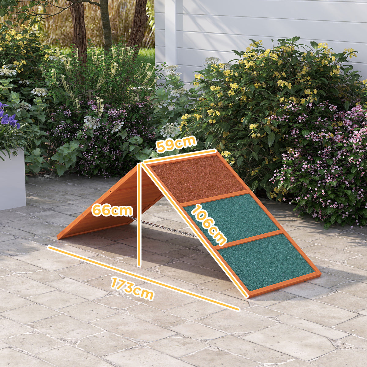 PawHut Agility Hunderampe, klappbar, verstellbare Höhe, rutschfest, Tannenholz, bis 40 kg, 173 x 59 x 66 cm, Orange/Grün