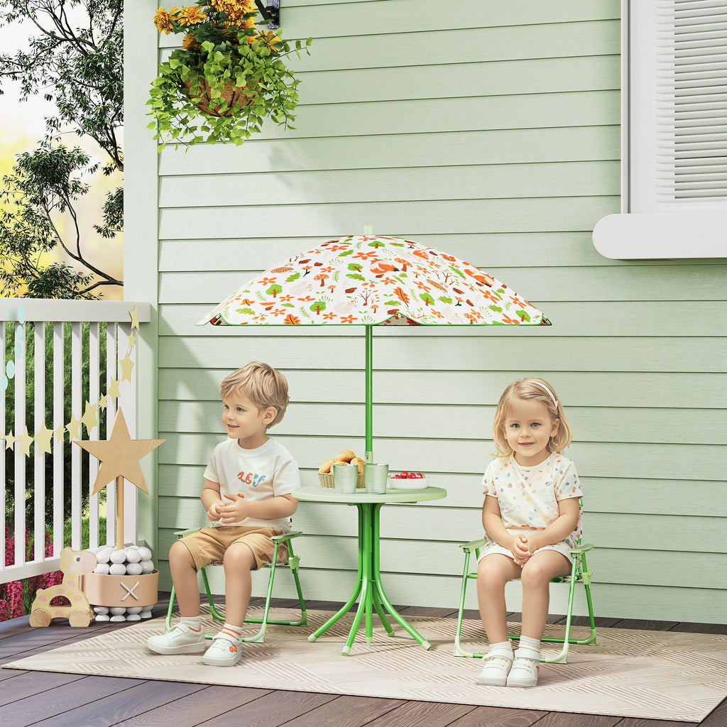 AIYAPLAY Kinder-Gartenmöbel-Set im Freien 4-teilig, Elefanten- und Giraffenmotiv, verstellbarer Ø 100 cm Sonnenschirm, klappbarer Stuhl