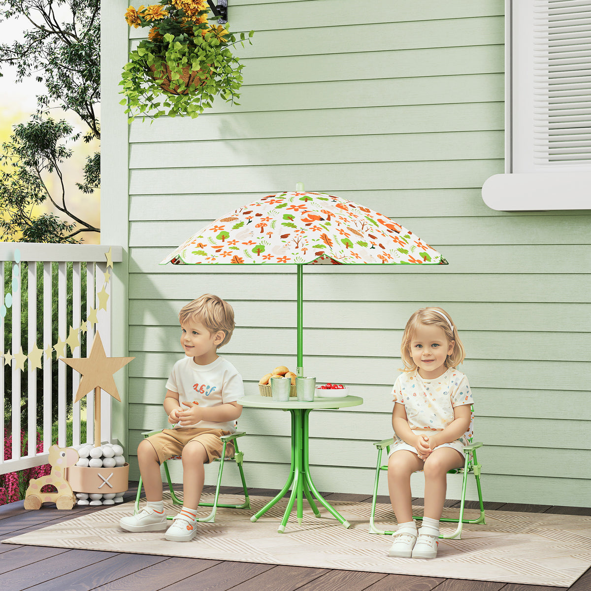 AIYAPLAY Kinder-Gartenmöbel-Set im Freien 4-teilig, Elefanten- und Giraffenmotiv, verstellbarer Ø 100 cm Sonnenschirm, klappbarer Stuhl
