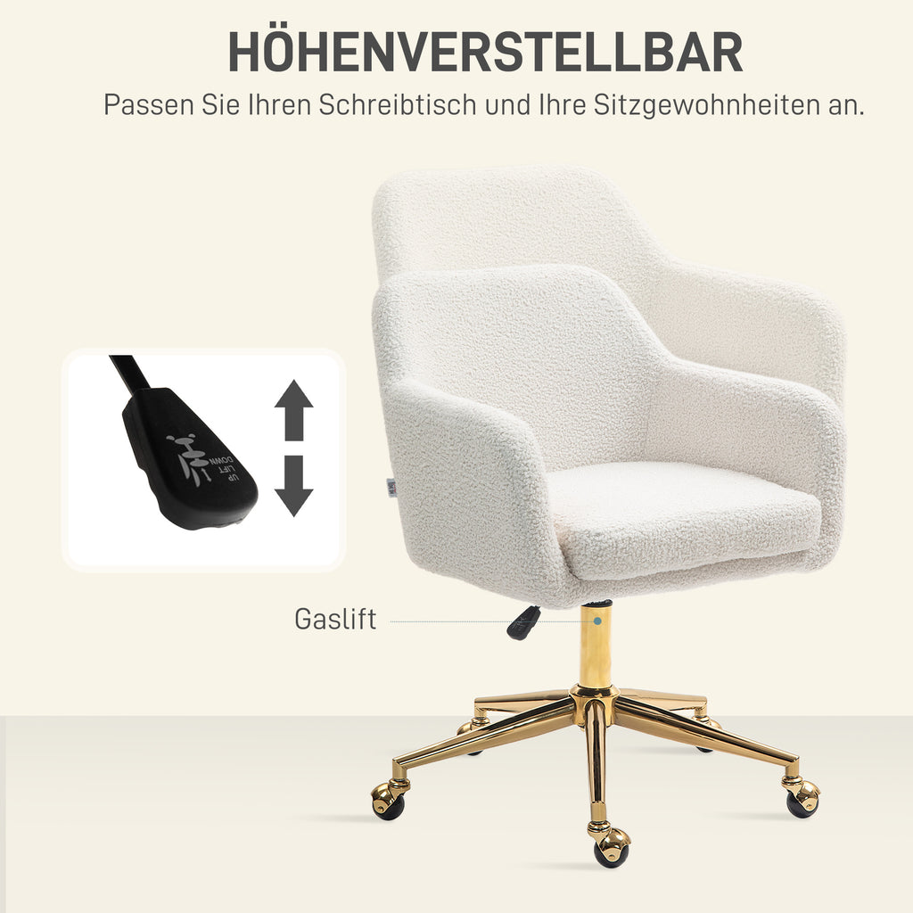 HOMCOM Homeoffice-Stuhl, höhenverstellbarer Bürostuhl mit Rollen, Samtartiger Bezug, Metallbasis, Cremeweiß