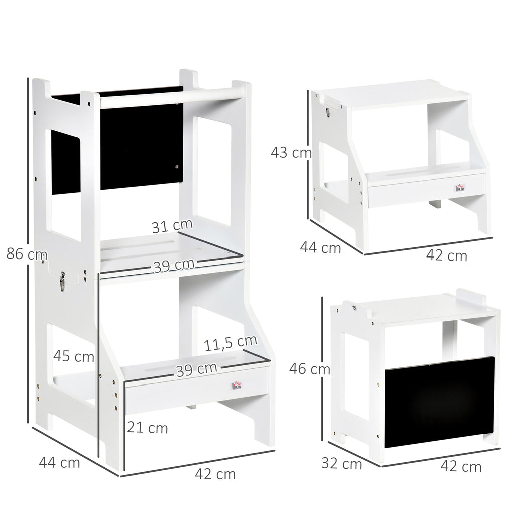 HOMCOM Lern- und Malstuhl mit Kreidetafel und 3-in-1 Schreibtischhockerfunktion - rutschfeste Stufen, Sicherheitsbügel, hohe Stabilität - MDF Weiß Schwarz