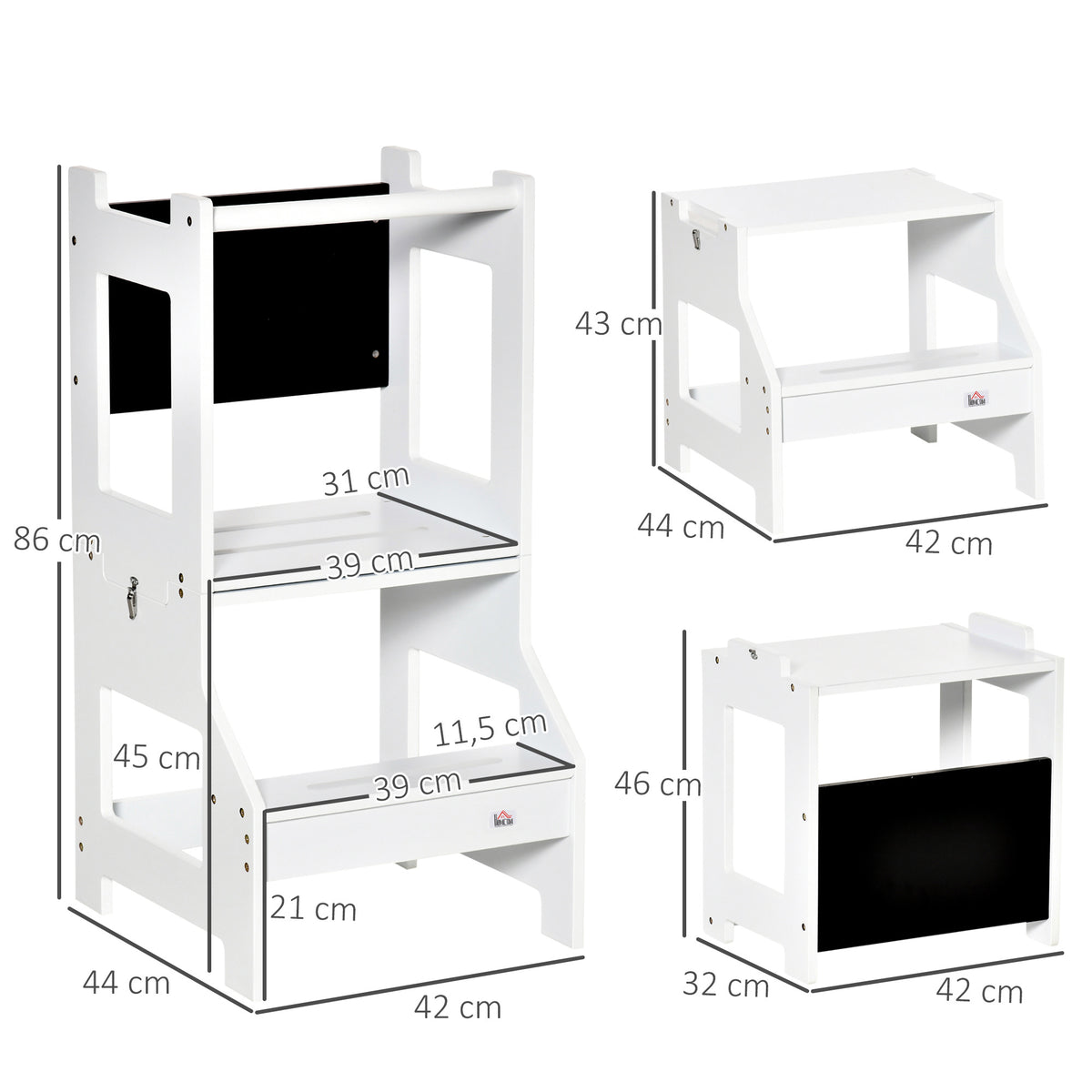 HOMCOM Lern- und Malstuhl mit Kreidetafel und 3-in-1 Schreibtischhockerfunktion - rutschfeste Stufen, Sicherheitsbügel, hohe Stabilität - MDF Weiß Schwarz
