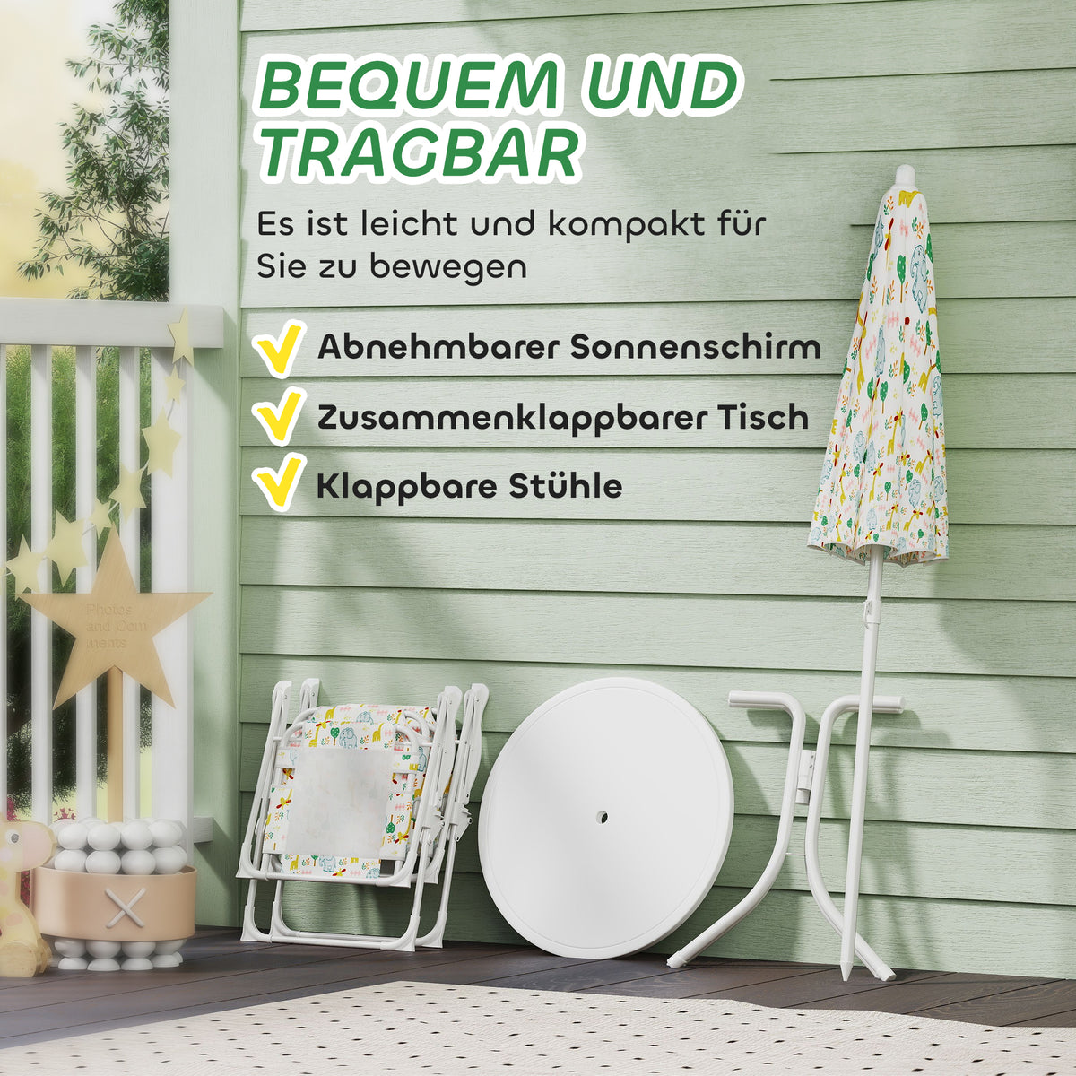 AIYAPLAY Kinder-Sitzecke, Klappstuhl-Sitz-Set mit Sonnenschirm, Buntes Muster, Weiß