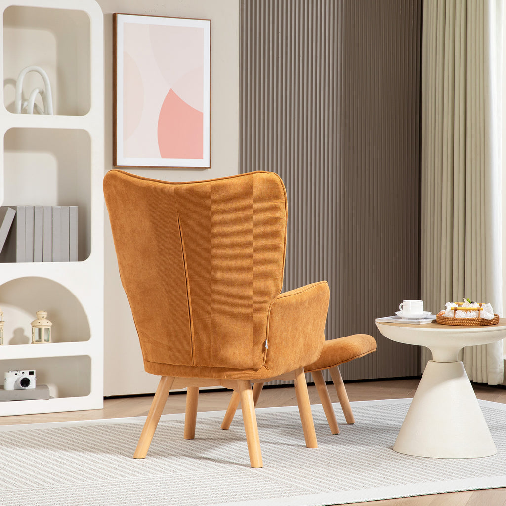 HOMCOM Akzentsessel mit Hocker, Relaxsessel in Cord-Optik, Armlehnstuhl mit Holzbeinen, für Wohnzimmer, Braun