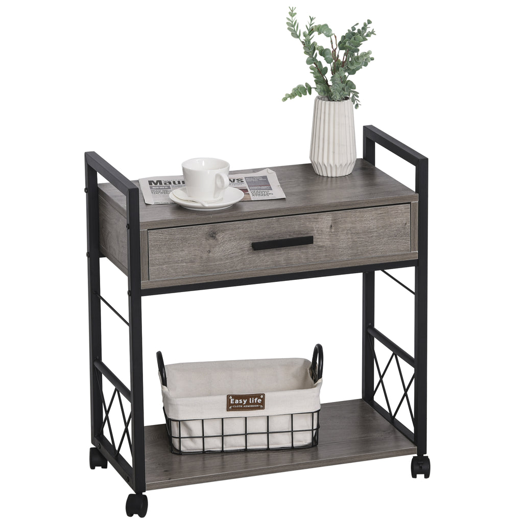 HOMCOM Beistelltisch Servierwagen mit Rädern Küchenwagen Kaffeetisch mit Schublade Ablage Sideboard beweglich Grau Spanplatte 60 x 30 x 65 cm