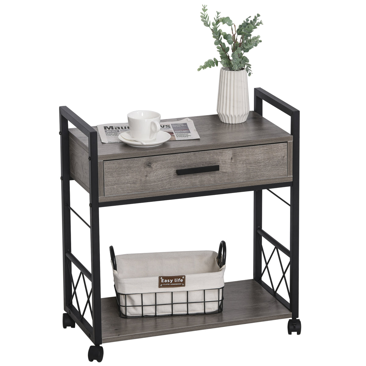 HOMCOM Beistelltisch Servierwagen mit Rädern Küchenwagen Kaffeetisch mit Schublade Ablage Sideboard beweglich Grau Spanplatte 60 x 30 x 65 cm
