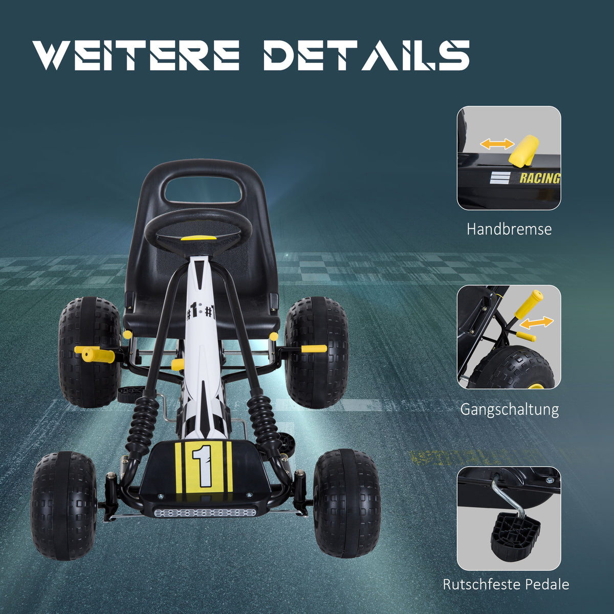 HOMCOM Gokart mit verstellbarem Sitz Tretauto Tretfahrzeug mit Handbremse Pedal Gokart Pedalfahrzeug ab 3 Jahre Kinder Schwarz 95 x 66,5 x 57 cm