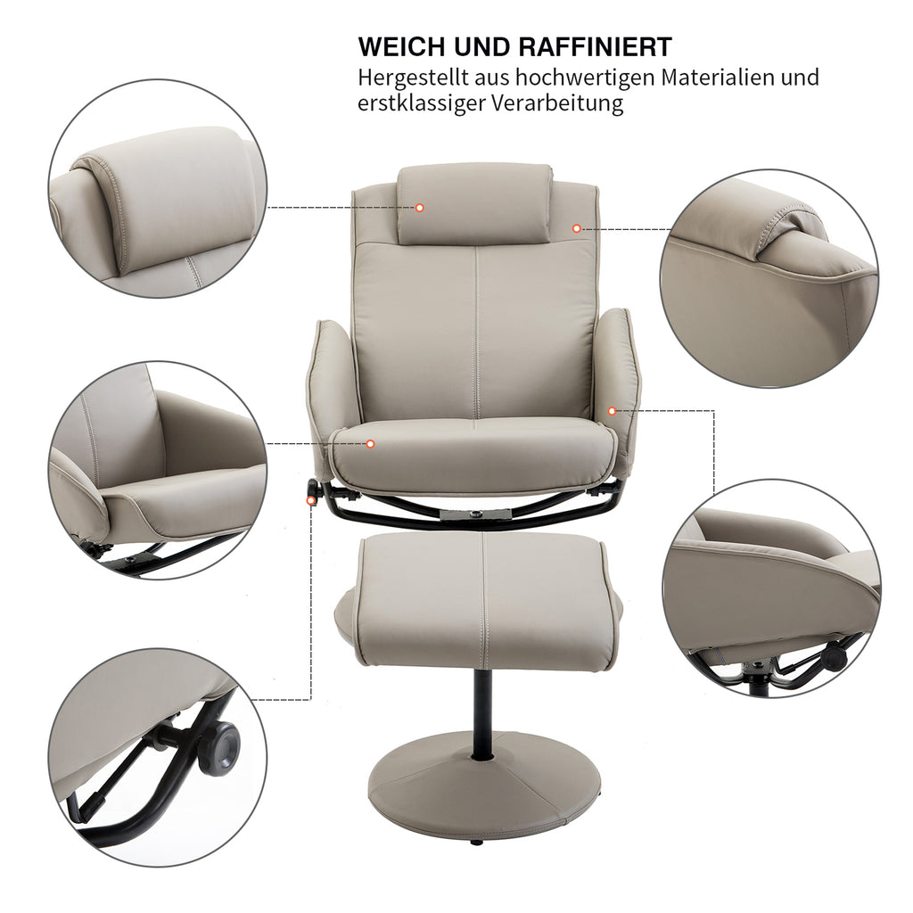 HOMCOM Relaxsessel mit Hocker, 360°drehbarer Fernsehsessel mit Liegefunktion, TV Sessel, Kunstleder, Lesesessel für Wohnzimmer, Schlafzimmer, Grau