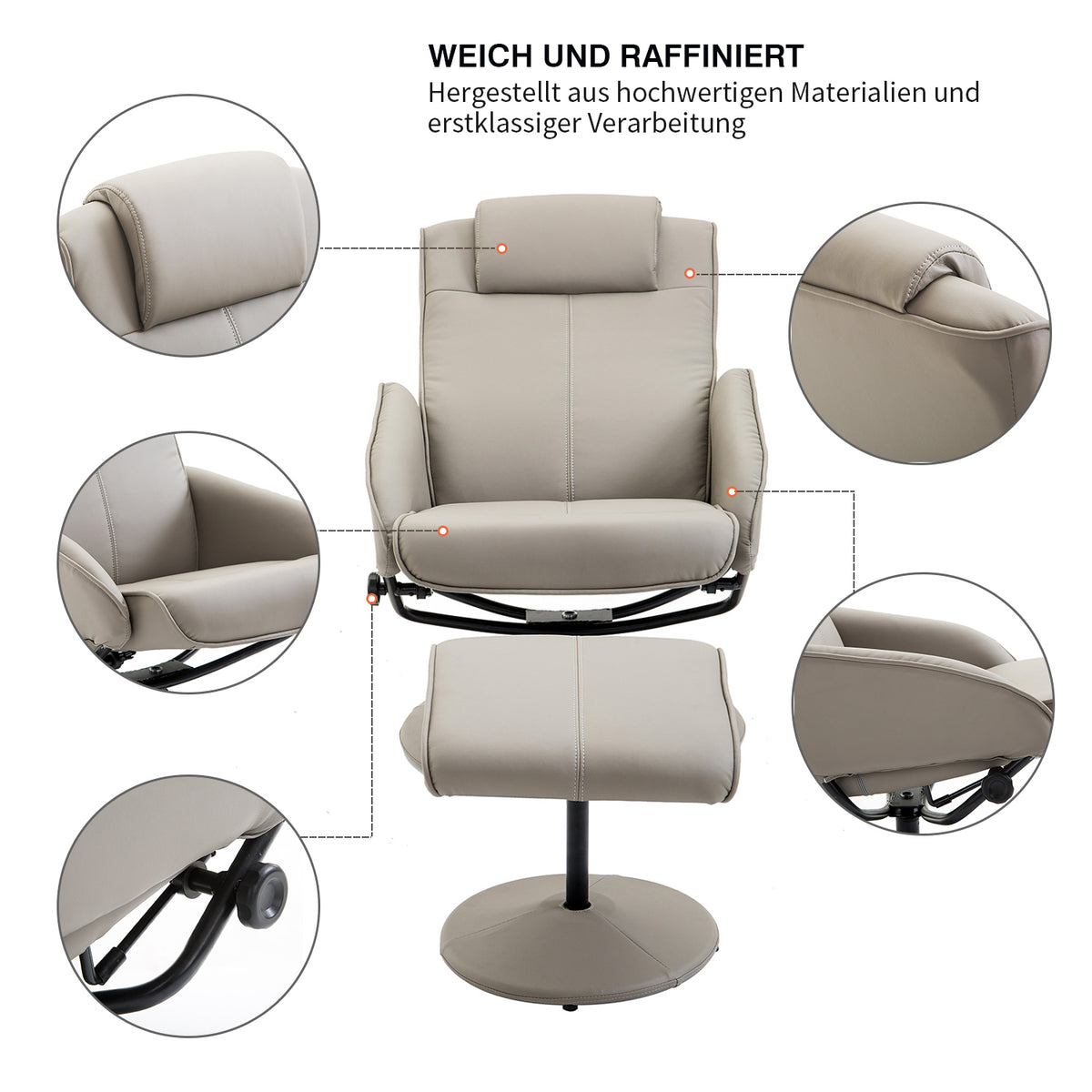 HOMCOM Relaxsessel mit Hocker, 360°drehbarer Fernsehsessel mit Liegefunktion, TV Sessel, Kunstleder, Lesesessel für Wohnzimmer, Schlafzimmer, Grau