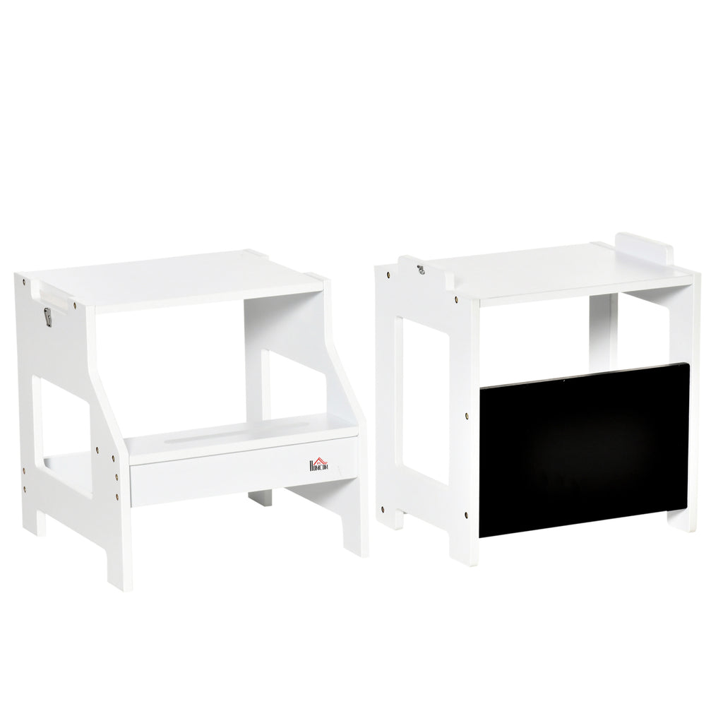 HOMCOM Lern- und Malstuhl mit Kreidetafel und 3-in-1 Schreibtischhockerfunktion - rutschfeste Stufen, Sicherheitsbügel, hohe Stabilität - MDF Weiß Schwarz