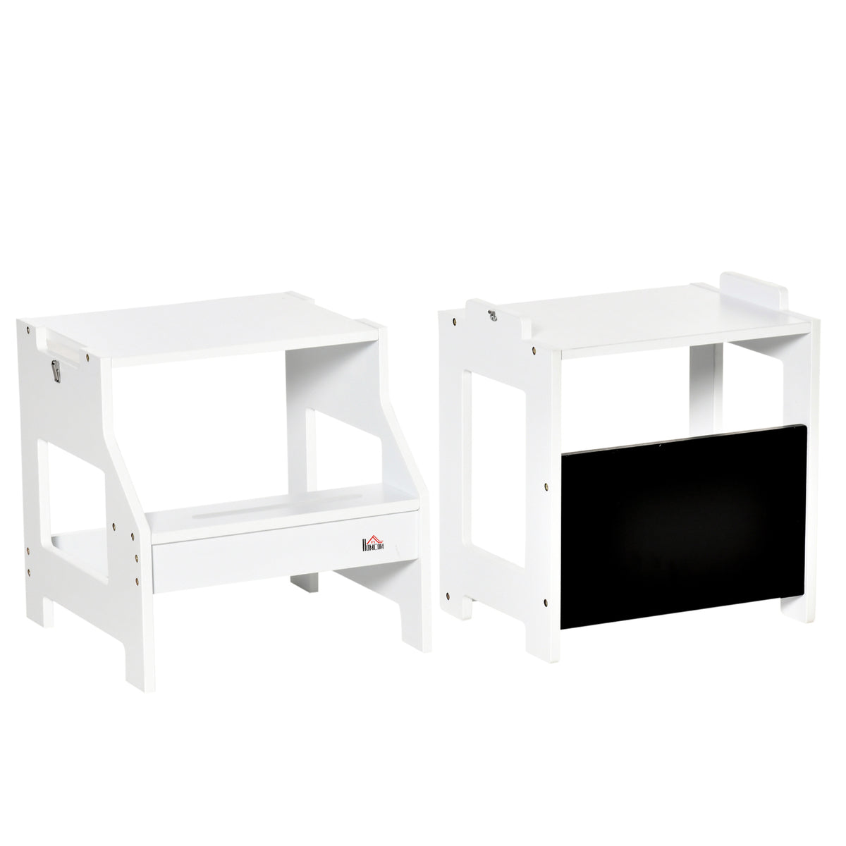 HOMCOM Lern- und Malstuhl mit Kreidetafel und 3-in-1 Schreibtischhockerfunktion - rutschfeste Stufen, Sicherheitsbügel, hohe Stabilität - MDF Weiß Schwarz