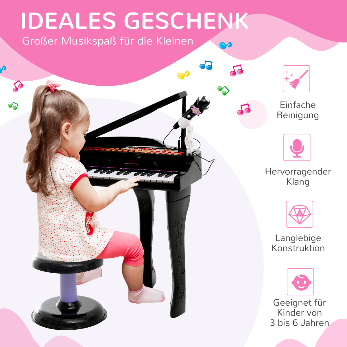 HOMCOM Kinder Klavier Mini-Klavier Piano Keyboard Musikinstrument MP3 USB inkl. Hocker 37 Tasten Schwarz