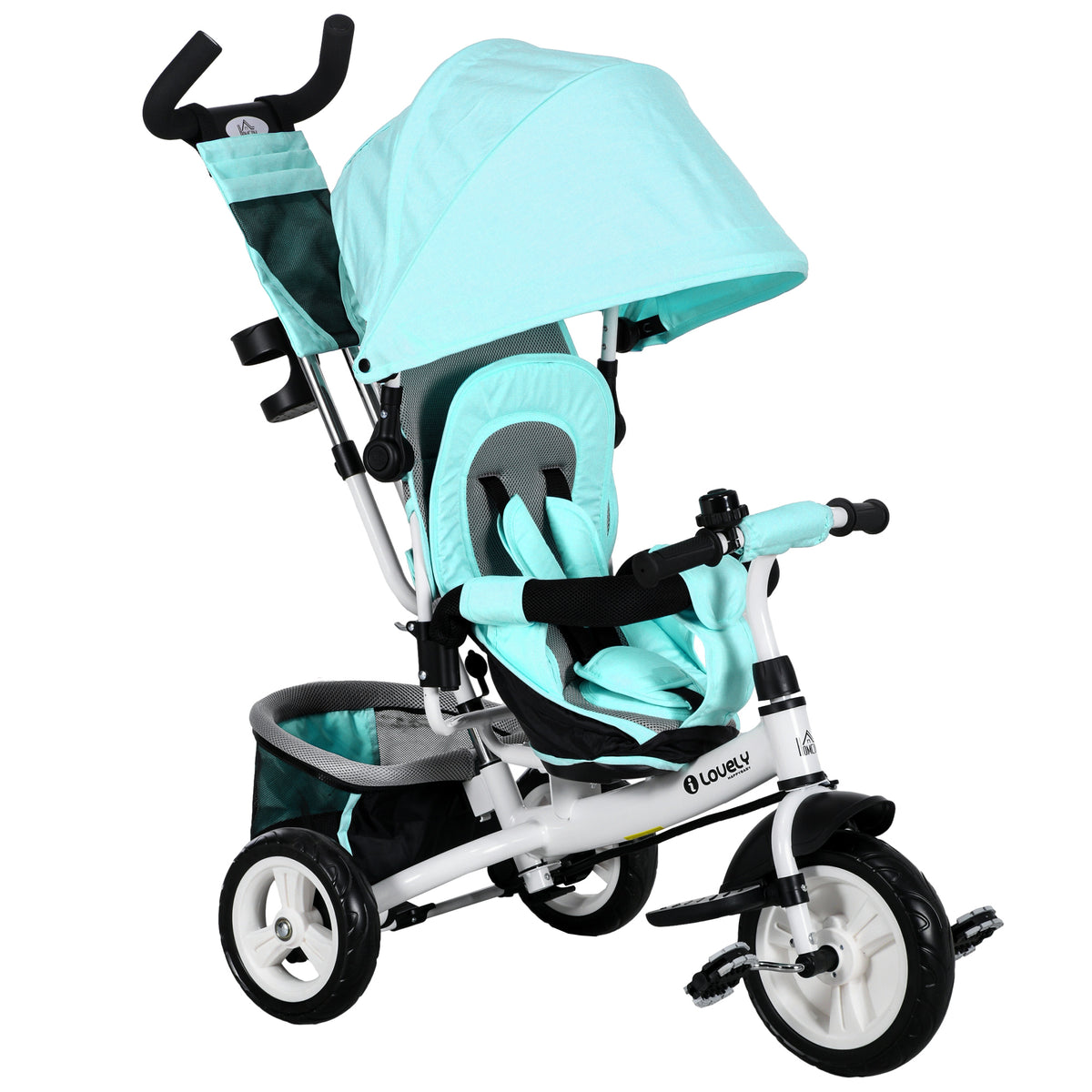 HOMCOM Kinder-Dreirad, Kinderfahrrad, Rückenkorb, Becherhalter, Sonnendach, Metall, Grün