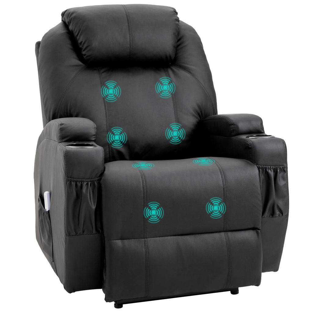 HOMCOM Massagesessel Elektrisch Relaxsessel Fernsehsessel Massagefunktion Liegefunktion TV-Sessel mit 2 Seitentaschen und Getränkehalter Kunstleder Schwarz 82 x 97 x 110 cm