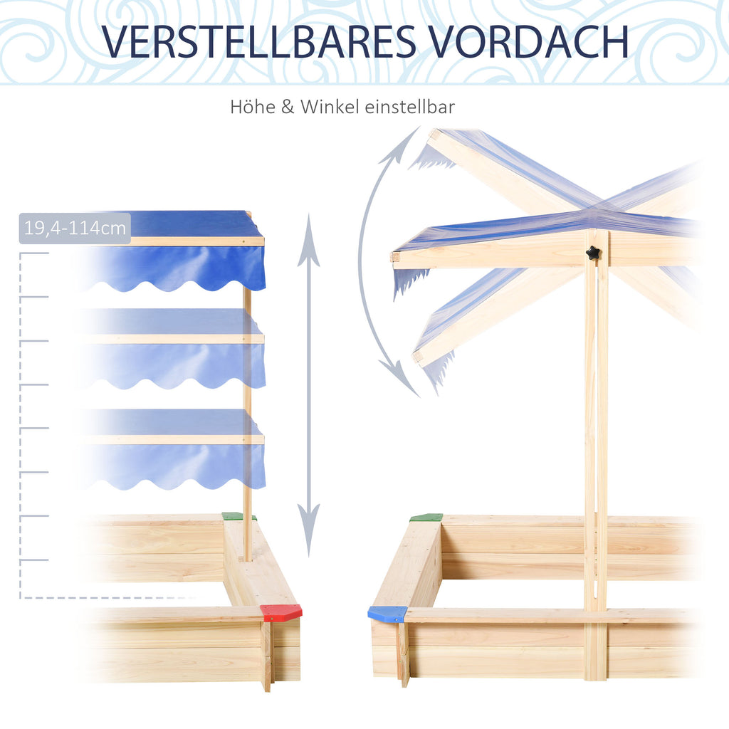 Outsunny Sandkasten mit Dach Sandkiste Kindersandkasten Tannenholz Bodenloses Design felix mit absenkbarem und schwenkbarem Dach Kurbeldach 120 x 120 x 120 cm Natur