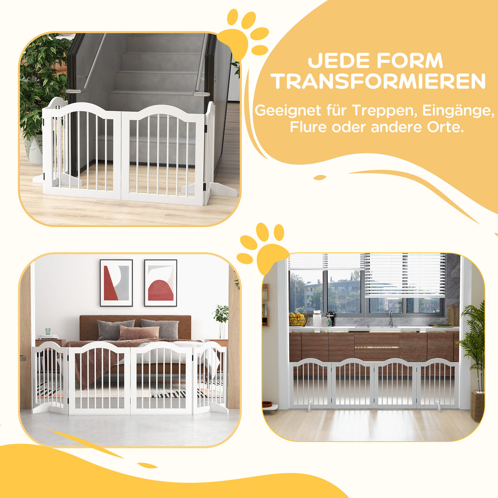 PawHut Faltbares Hunde-Absperrgitter, 4 Paneele, für Treppen, Flure, Türen, MDF/Massivholz, Weiß