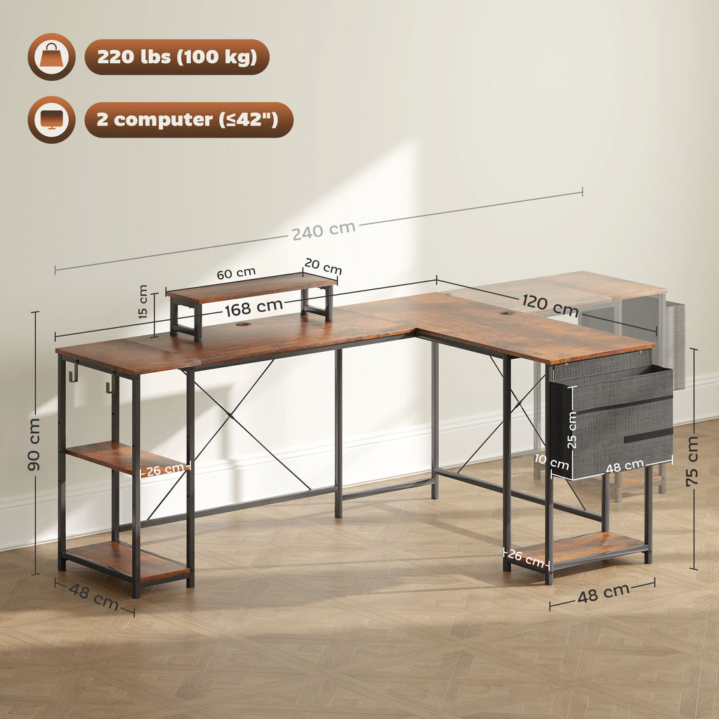 HOMCOM L-förmiger Schreibtisch, Vielseitiger Bürotisch mit einstellbaren Regalen und Aufbewahrungstasche, Monitorständer, Braun