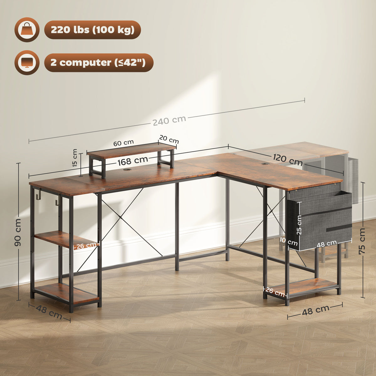 HOMCOM L-förmiger Schreibtisch, Vielseitiger Bürotisch mit einstellbaren Regalen und Aufbewahrungstasche, Monitorständer, Braun