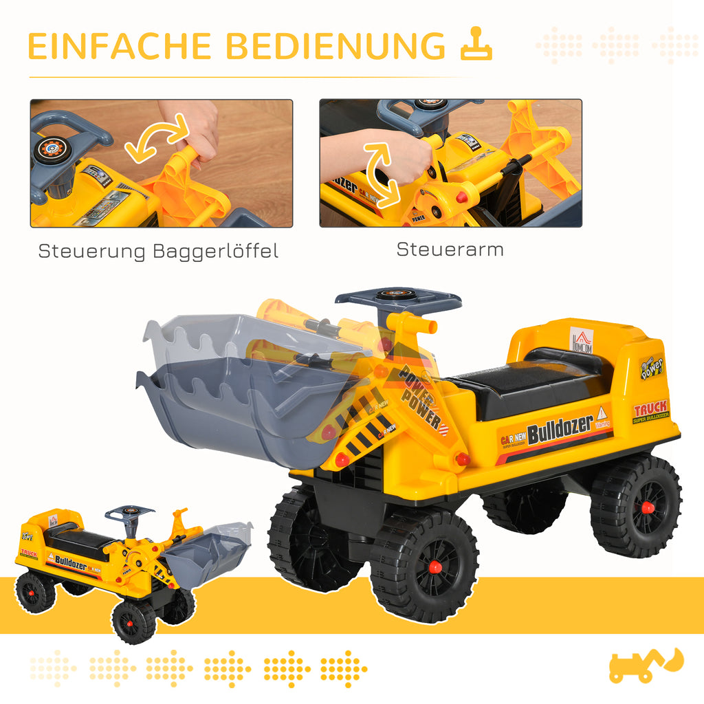 HOMCOM Sitzbagger für Kinder Rutsch Auto Sandspielzeug Rutscherfahrzeug für Kinder 2-3 Jahre PP-Kunststoff ABS Gelb+Schwarz+Grau 70 x 26 x 37 cm