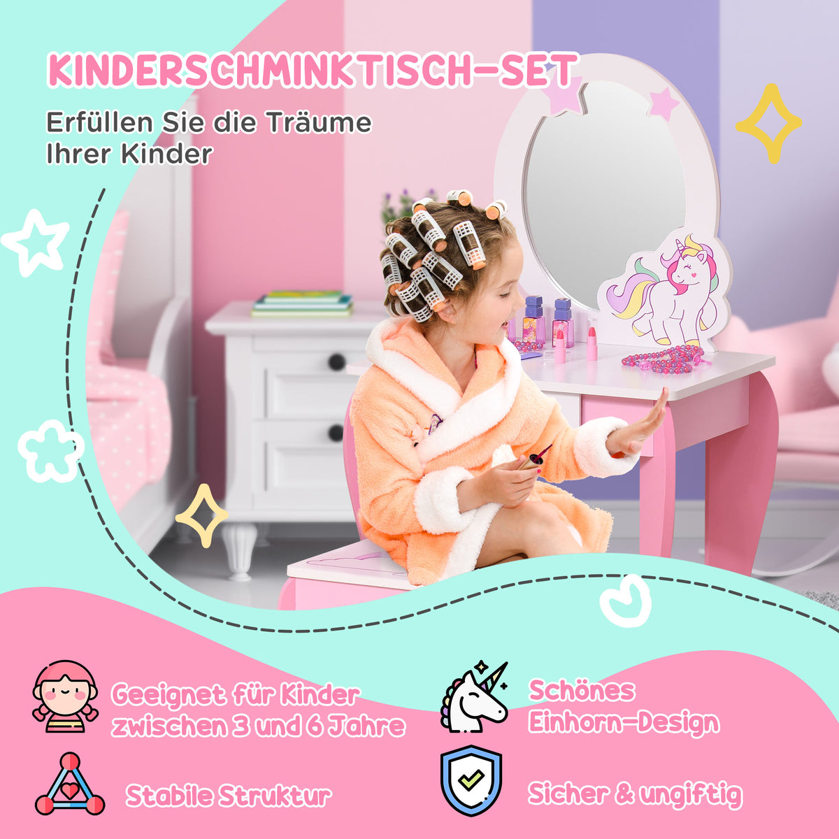 HOMCOM 2-Set Kinderschminktisch mit Hocker Frisiertisch Frisierkommode mit Schublade Spiegel für Kleinkind Mädchen Akryl Rosa+Weiß 49 x 34 x 90 cm