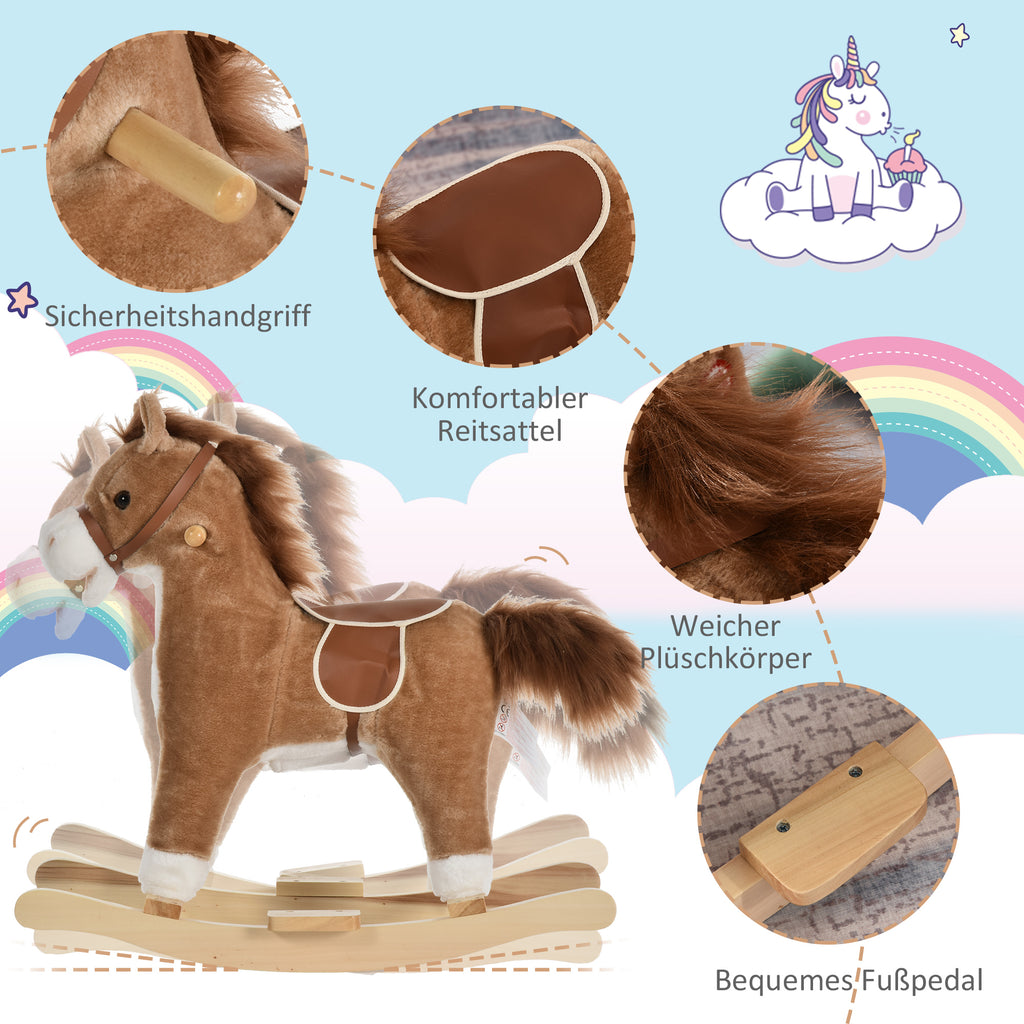 HOMCOM Kinder Schaukelpferd Baby Schaukeltier Pferd mit Tiergeräusche Spielzeug Haltegriffe für 36-72 Monate Plüsch Braun 65 x 32,5 x 61 cm