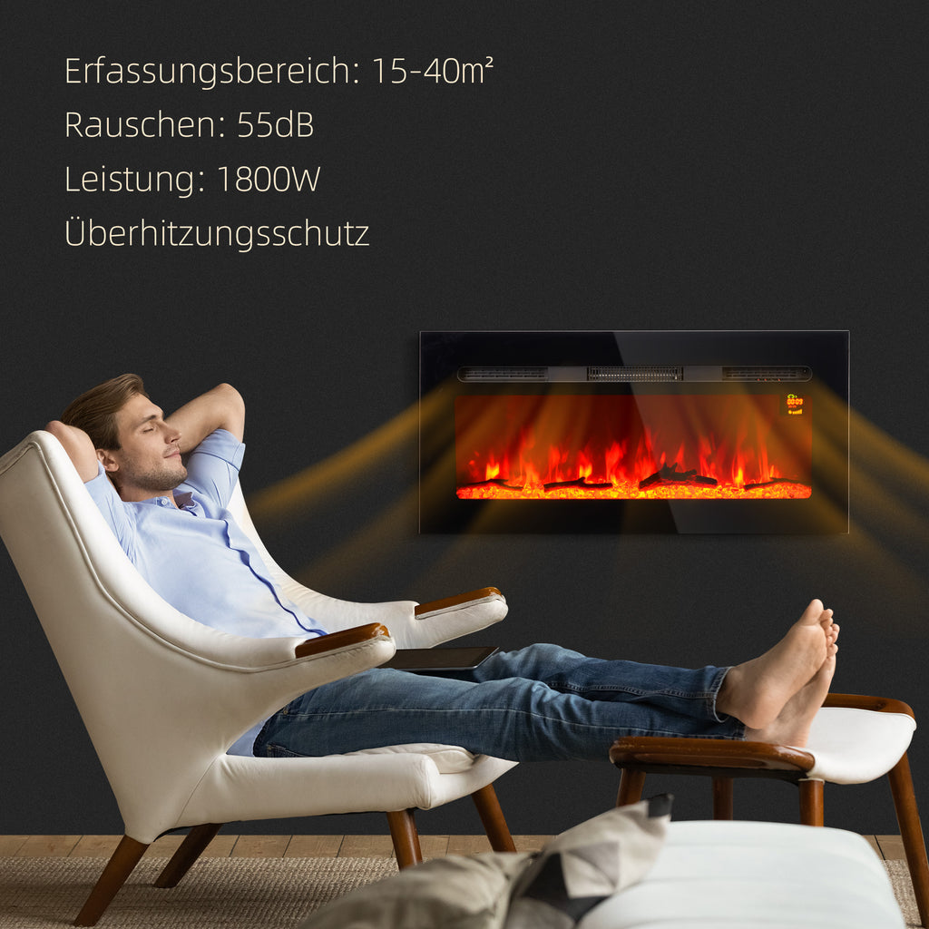 HOMCOM Elektrischer Kamin mit Wandhalterung und Fernbedienung, künstliche Holzscheite und Kristalle, 1800W Leistung, Schwarz