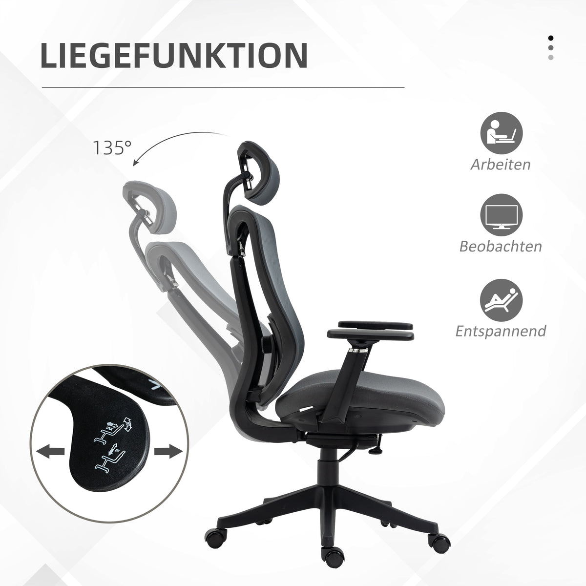 Vinsetto Bürostuhl Computerstuhl 135° Neigungsfunktion, höhenverstellbar, 70 cm x 66 cm x 120-128 cm, Grau
