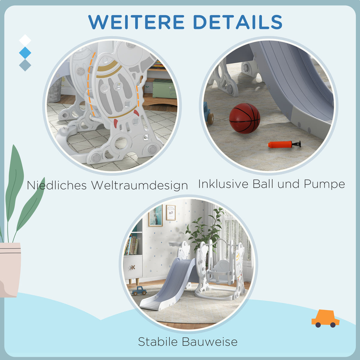 AIYAPLAY 3-in-1-Set Kinderrutsche mit Schaukel, Basketballkorb, Raketen-Design, weiß+grau, 150L x 185B x 92H cm
