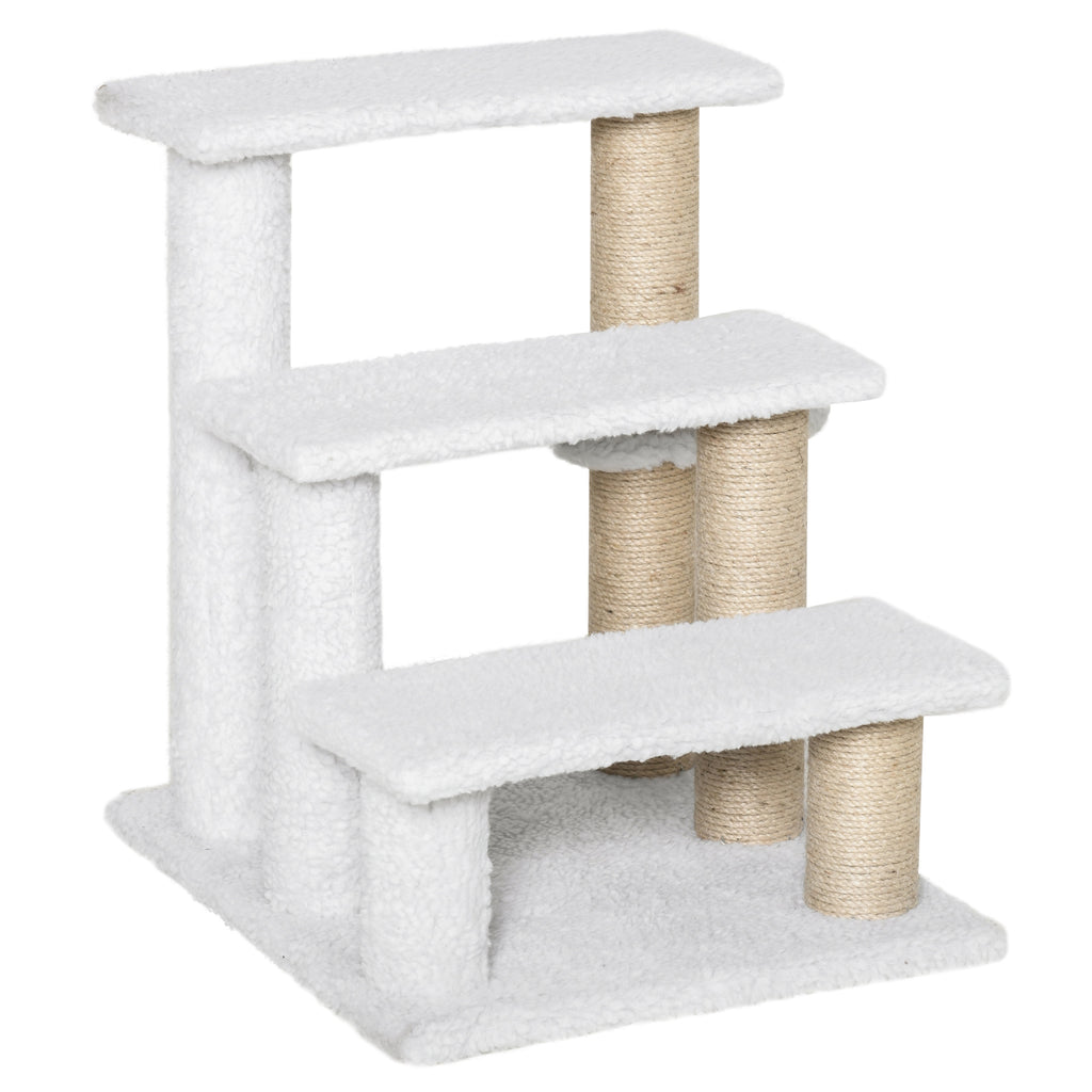 PawHut Katzentreppe 3-stufige Haustiertreppe mit Kratzsäulen Ball Hundetreppe Tiertreppe für Katzen bis 5 kg Plüsch Jute Weiß 45 x 40 x 48 cm
