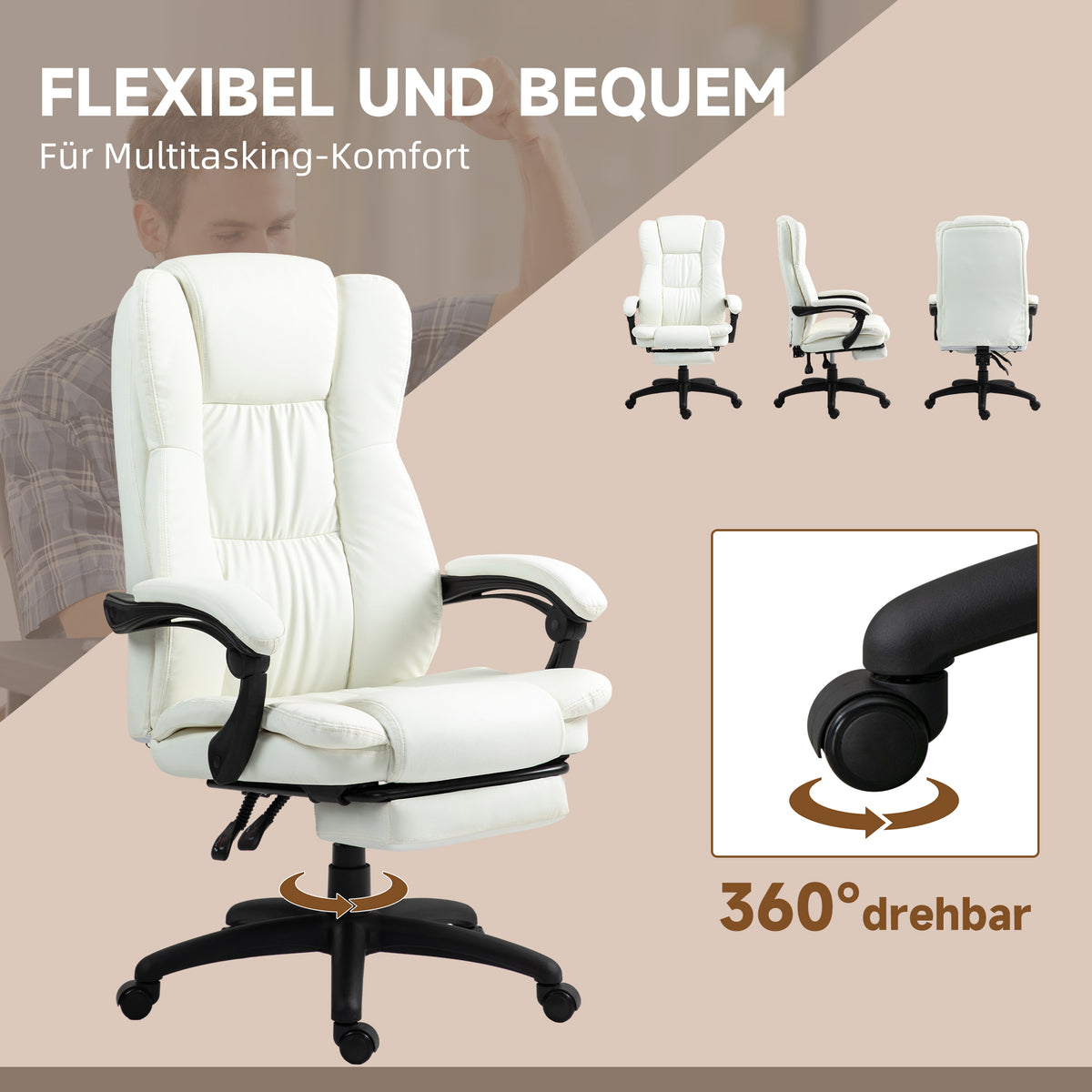 Vinsetto Verstellbarer Drehstuhl mit Fußstütze, Kopfstütze, Massagefunktion, Kunstleder, 68,5x68,5x113-121cm, Cremeweiß