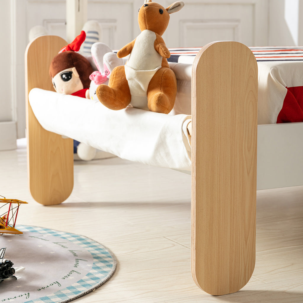HOMCOM Kinderbett Jugendbett Hausbett mit Betttasche Spielzeugtasche ab 3 Jahre Holzbett Kinderzimmer Spielbett Einzelbett Kiefernholz Weiß+Natur 229 x 98 x 95 cm