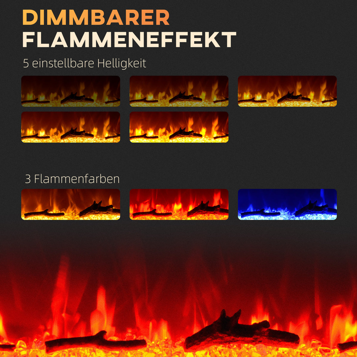 HOMCOM Elektrischer Kamin mit Wandhalterung und Fernbedienung, künstliche Holzscheite und Kristalle, 1800W Leistung, Schwarz