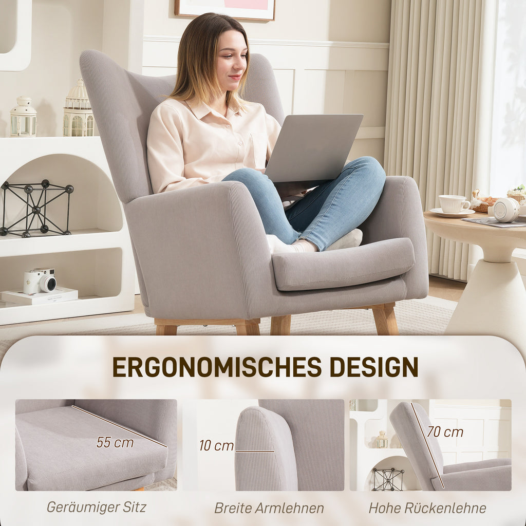 HOMCOM Schaukelstuhl im Retro-Design, Cordbezug, Kautschukholz, Schaumstoff-Füllung, hohe Rückenlehne, Polstersessel, Hellgrau