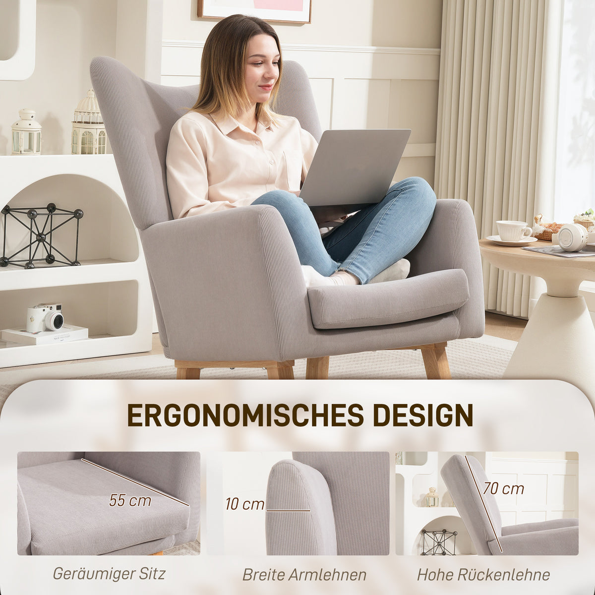 HOMCOM Schaukelstuhl im Retro-Design, Cordbezug, Kautschukholz, Schaumstoff-Füllung, hohe Rückenlehne, Polstersessel, Hellgrau