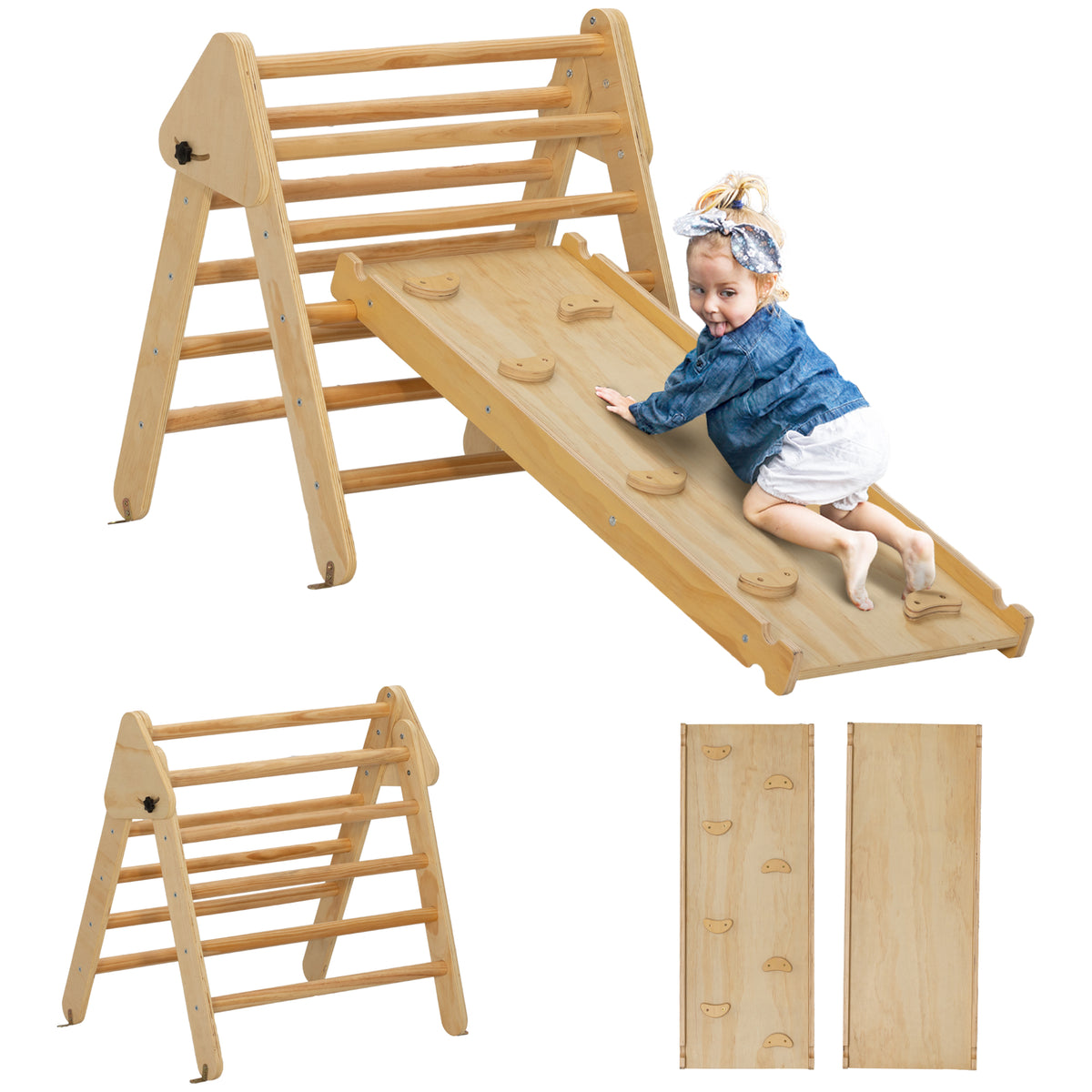 AIYAPLAY Kinder-Kletterset aus Holz mit Dreiecks-Leiter und zweiseitiger Rampe, für Kinder im Alter von 18-48 Monaten