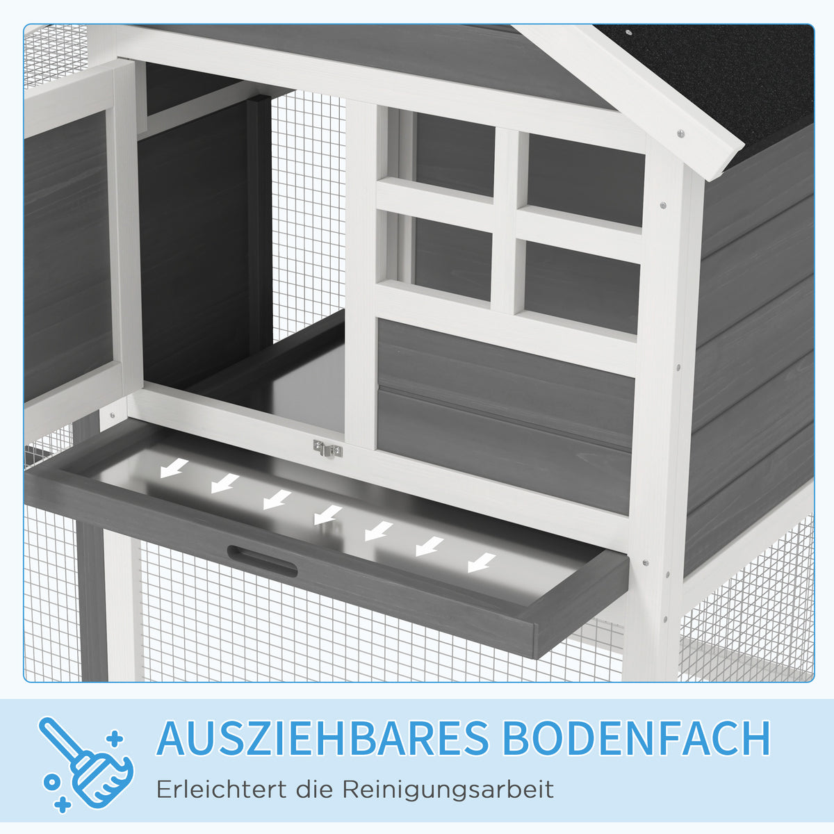 PawHut Kaninchenstall Tannenholz Outdoor Indoor Kleintierstall Kleintierhaus Kleintierkäfig Herausnehmbare Bodenwanne und Rampe Grau+Schwarz+Weiß 122 x 62,6 x 92 cm