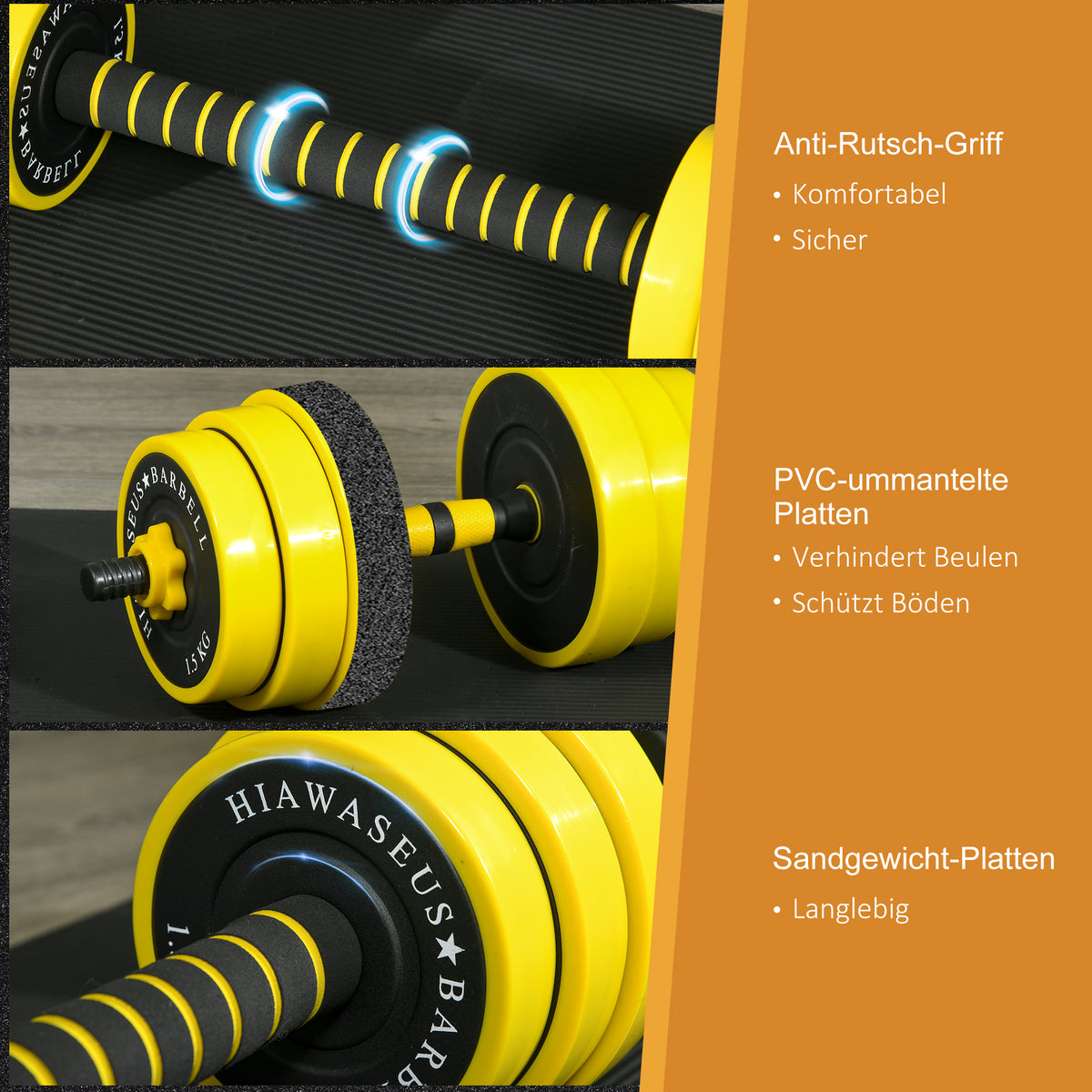 HOMCOM 25 kg Hantel & Langhantel,Einstellbare ergonomische 3-in-1 Hantelset,12 × Platten,2 × Kurze Stöcke,1 × Langer Stock,Gelb+Schwarz
