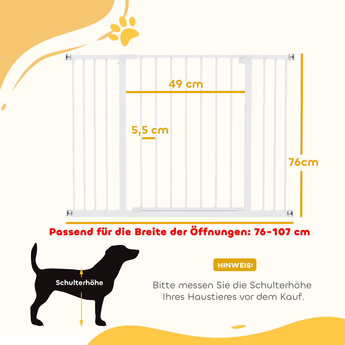 PawHut Türschutzgitter, Treppenschutzgitter ohne bohren, Hunde Absperrgitter, Schutzgitter für Haustier, Hundegitter, Klemmbefestigung, Metall, Weiß, 76-107 x 76 cm